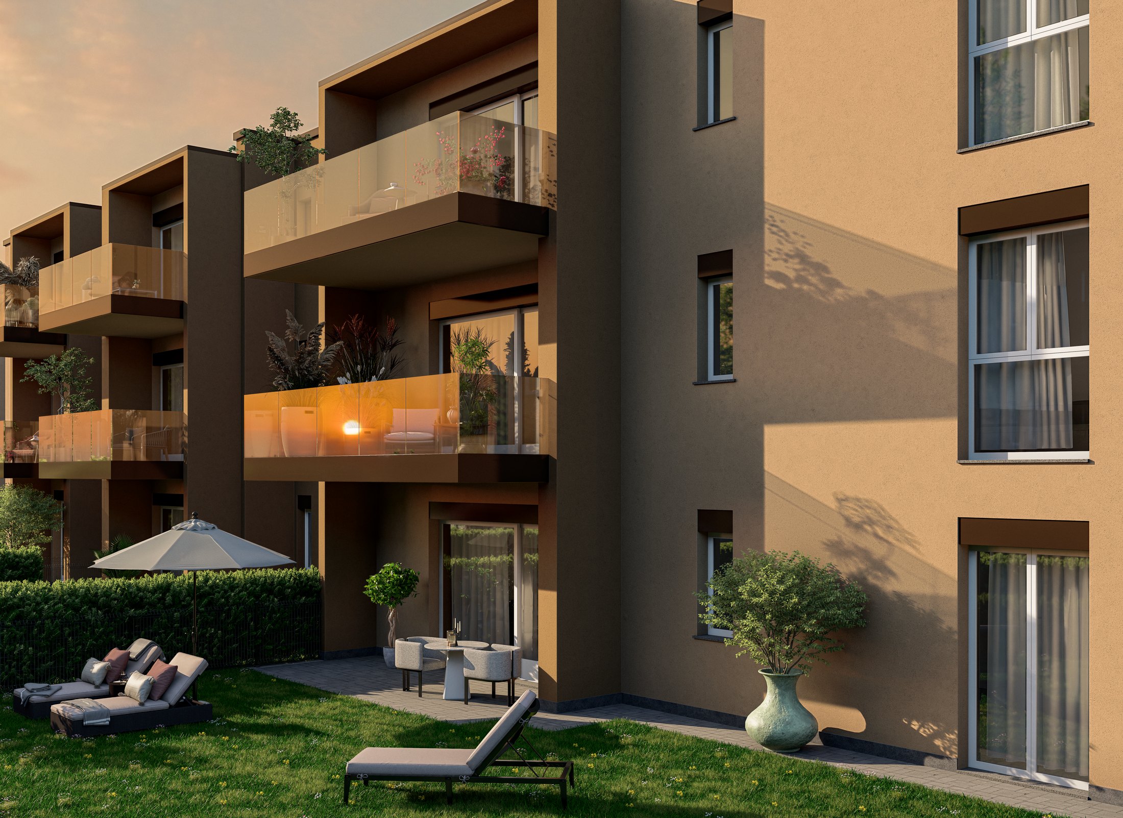Residential building exterior, golden hour architectural render
